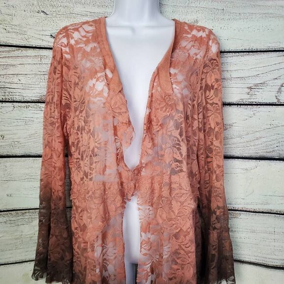 Voice of California Women’s Lace Longline Cardigan Top Rust Sheer Boho L - Picture 3 of 9